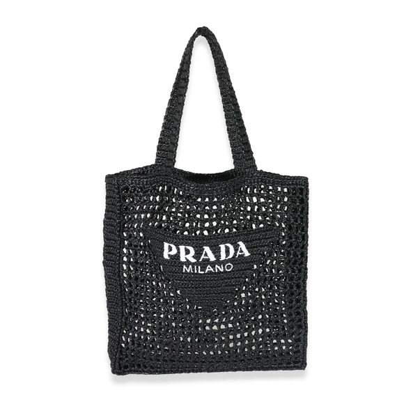 Prada Natural Black Raffia Logo Tote - Picture 1 of 8